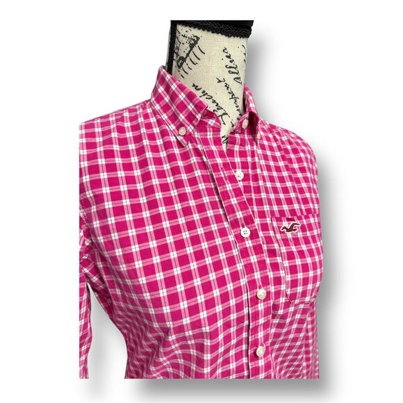 Hollister S Pink Plaid Button Up Shirt Fitted Cotton Long Sleeve Y2K Preppy Top - Picture 2 of 7